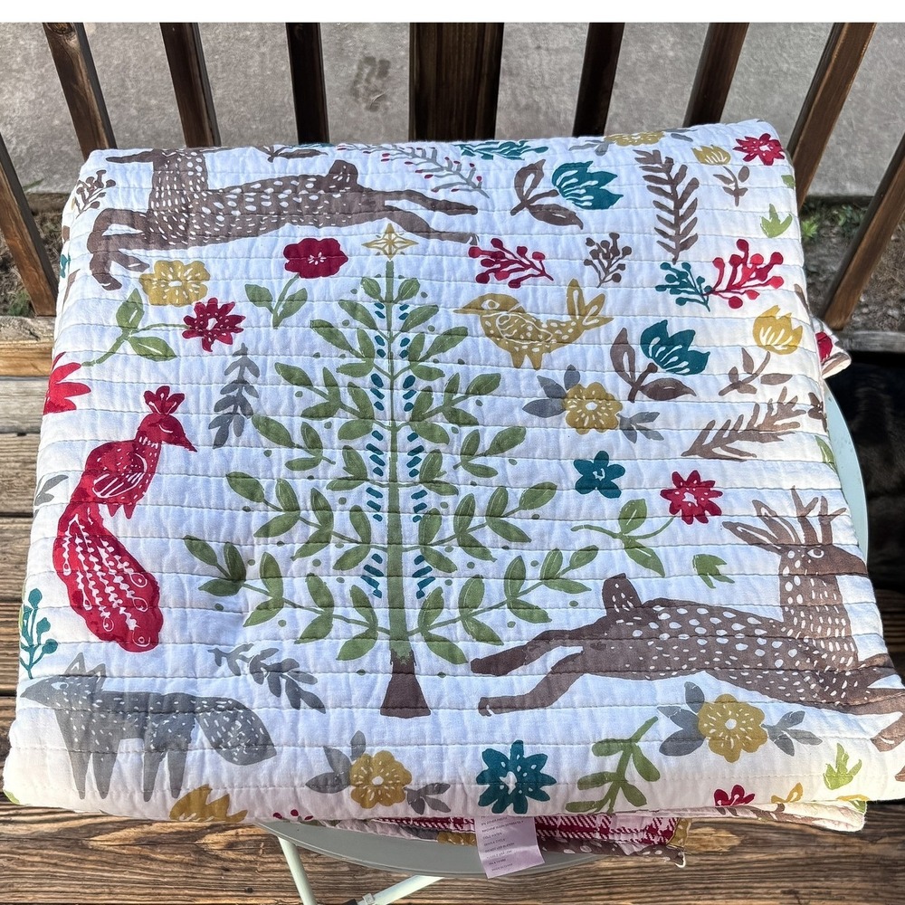 Reversible Woodland Folk Art Quilt 89X87 White Red Plaid Animals Lodge Rustic
